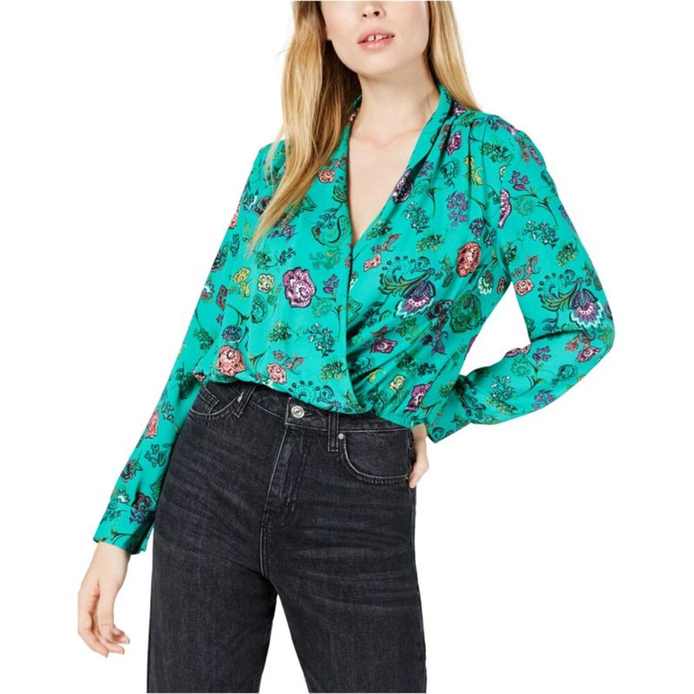Project 28 Womens Faux Wrap Knit Blouse, Green, M, DM